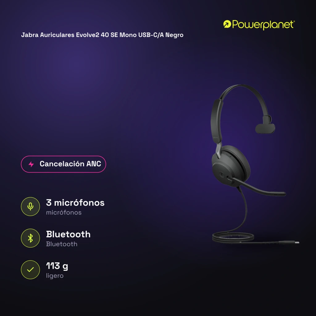 Jabra Evolve2 40 SE Mono negro, vista frontal: auricular con diadema, micrófono y cable USB-C/A - Ítem2
