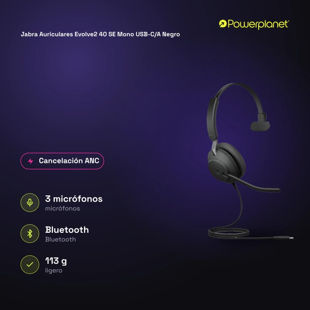 Jabra Auriculares Evolve2 40 SE Mono USB-C/A noir - caractéristiques