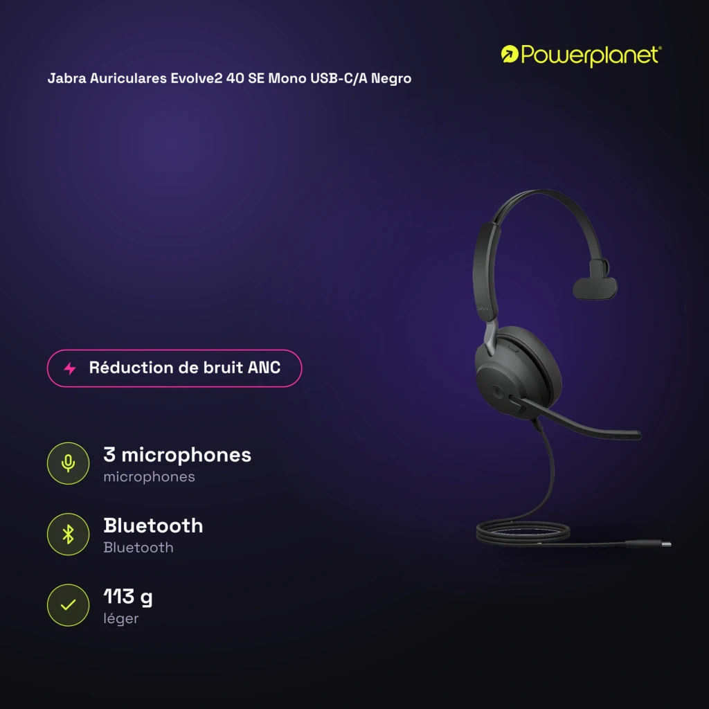 Jabra Evolve2 40 SE Mono negro, vista frontal: auricular con diadema, micrófono y cable USB-C/A - Ítem4