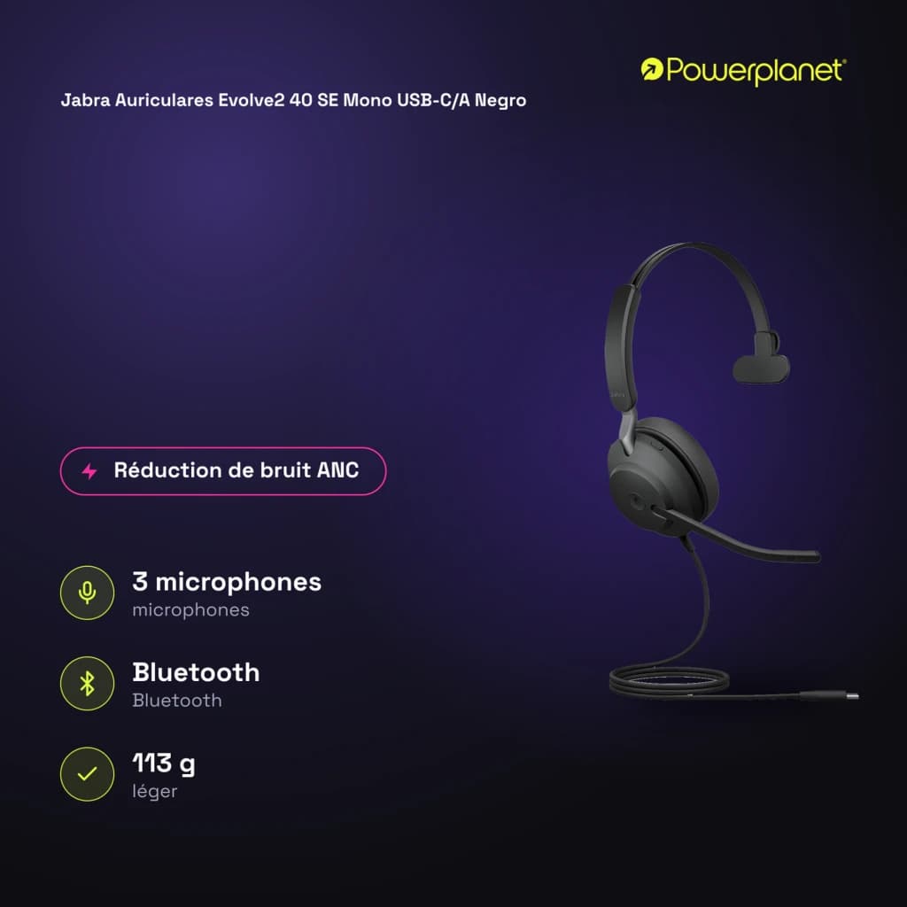 Jabra Auriculares Evolve2 40 SE Mono USB-C/A noir - caractéristiques