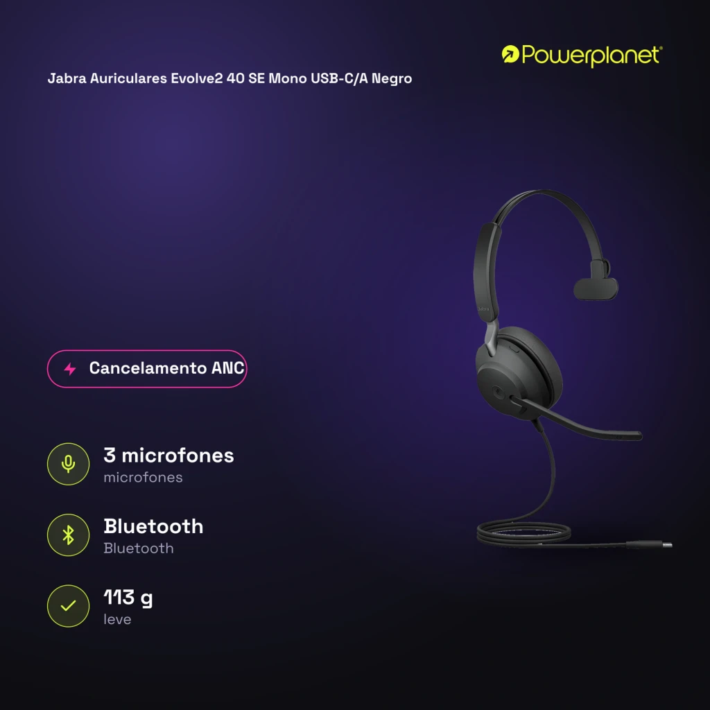 Jabra Evolve2 40 SE Mono negro, vista frontal: auricular con diadema, micrófono y cable USB-C/A - Ítem3