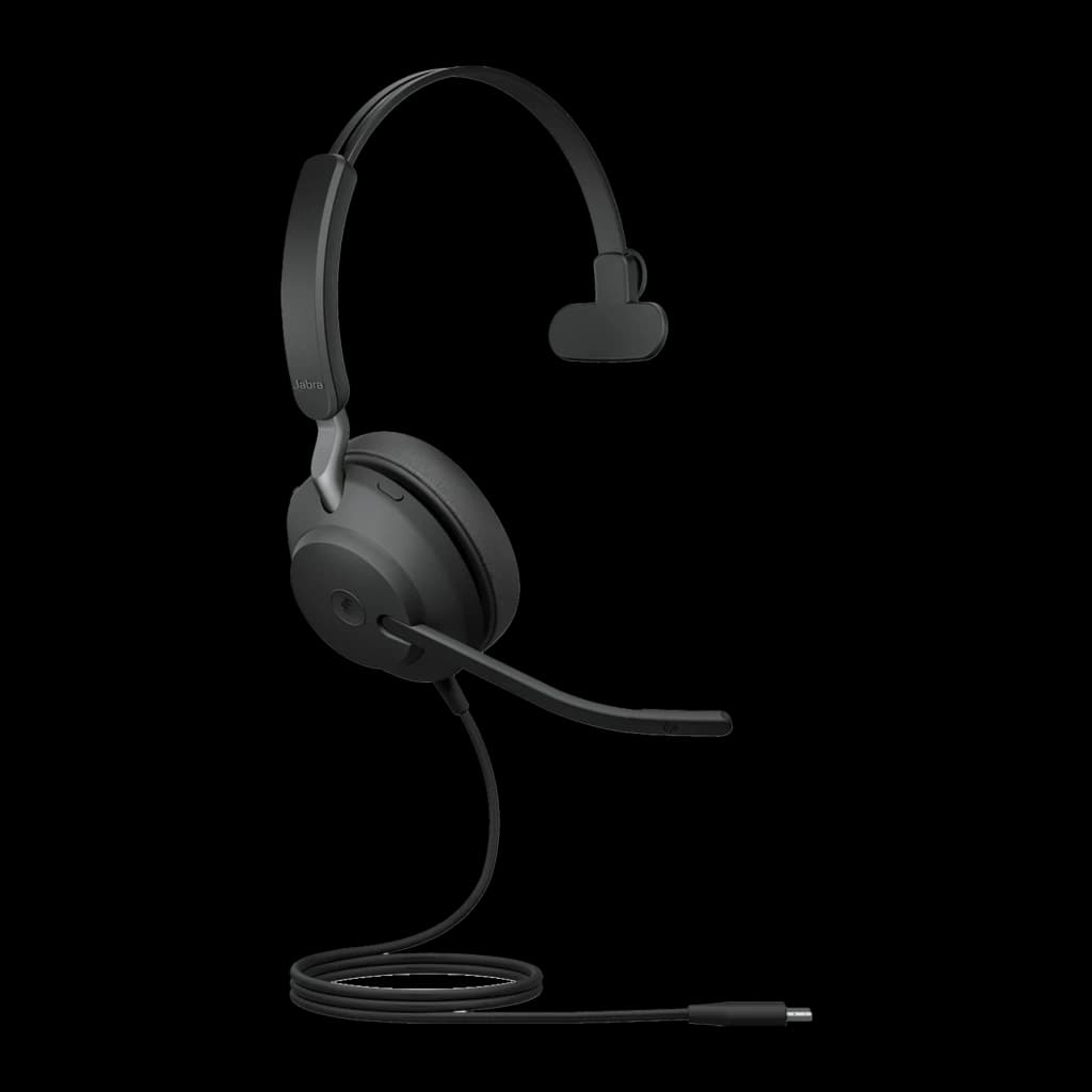 Jabra Evolve2 40 SE Mono noir, vue de face: casque avec serre-tête, micro et câble USB-C/A