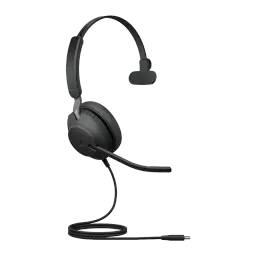 Jabra Evolve2 40 SE Mono noir, vue de face: casque avec serre-tête, micro et câble USB-C/A