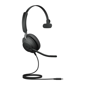 Jabra Evolve2 40 SE Mono negro, vista frontal: auricular con diadema, micrófono y cable USB-C/A