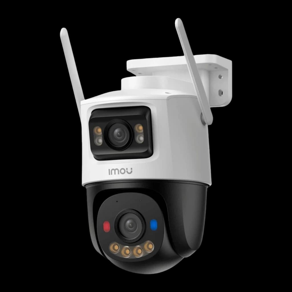 Imou Cruiser Dual 2 Pro Blanco, vista en ángulo: módulo PTZ inferior con LEDs rojos y azules visibles
