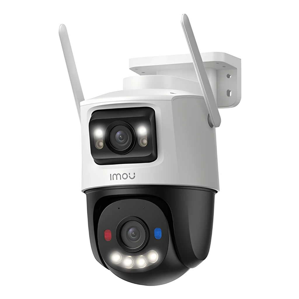 Imou Cruiser Dual 2 Pro Blanc, vue en angle: module PTZ inférieur avec LEDs rouge et bleu visibles - Ítem1