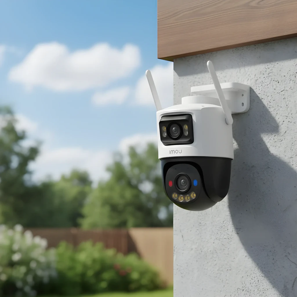 Imou Cruiser Dual 2 Pro Blanc, vue en angle: module PTZ inférieur avec LEDs rouge et bleu visibles - Ítem3