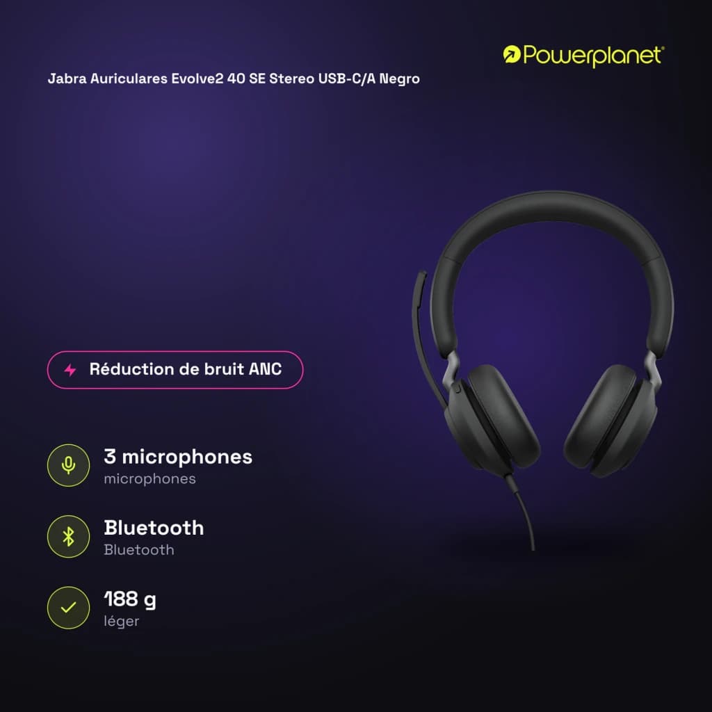 Jabra Auriculares Evolve2 40 SE Stereo USB-C/A noir - caractéristiques