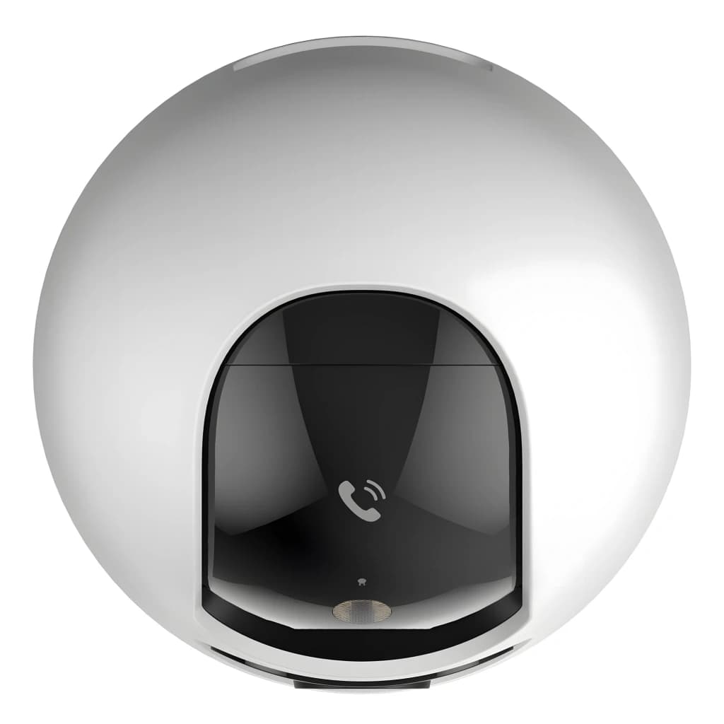 Imou Ranger Dual Pro 6MP 512GB Blanco, vista frontal: cuerpo esférico blanco con módulo de cámaras oscuro e icono de llamada