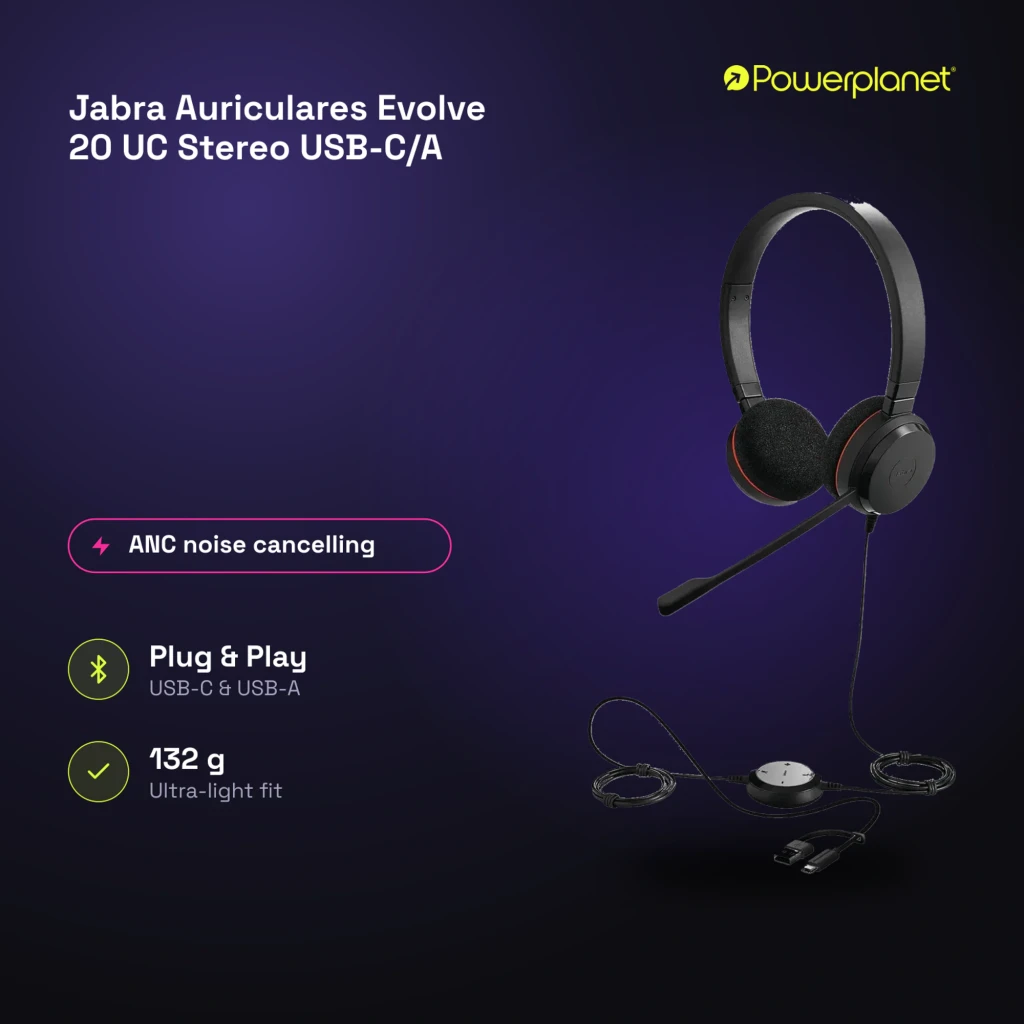 Jabra Evolve 20 UC Stereo negro, vista lateral con accesorios: auriculares y conectores USB - Ítem8