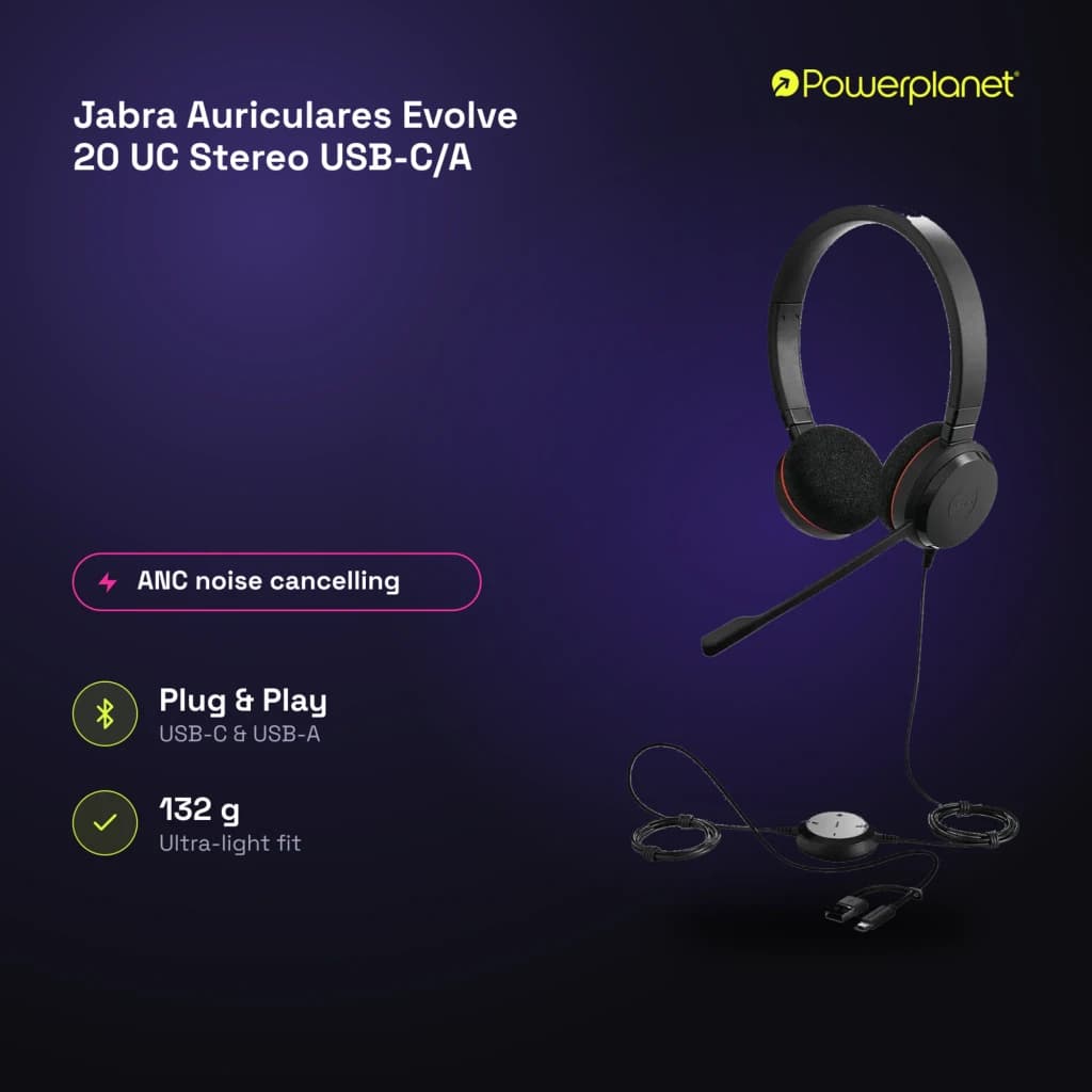 Jabra Auriculares Evolve 20 UC Stereo USB-C/A noir - caractéristiques