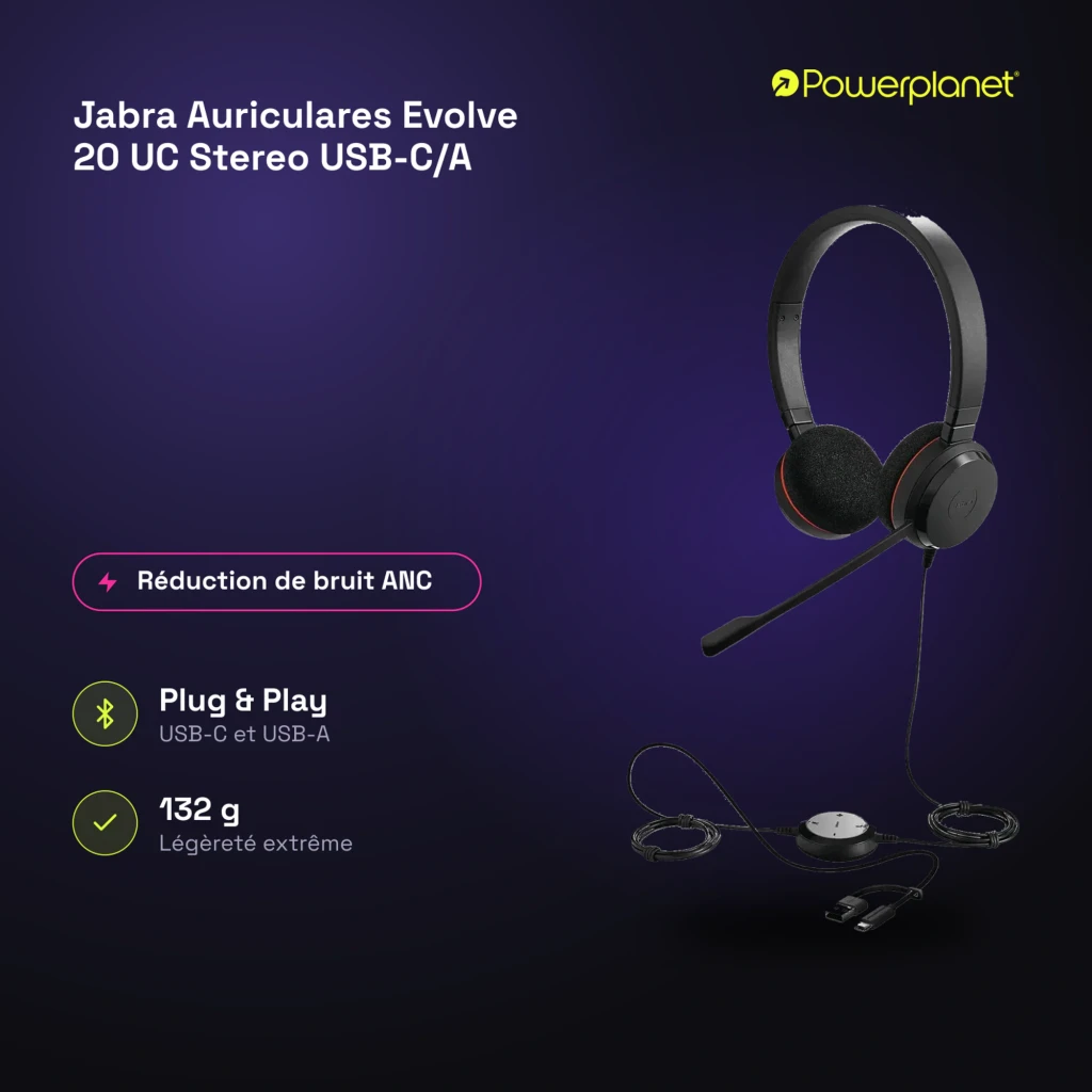 Jabra Evolve 20 UC Stereo negro, vista lateral con accesorios: auriculares y conectores USB - Ítem7