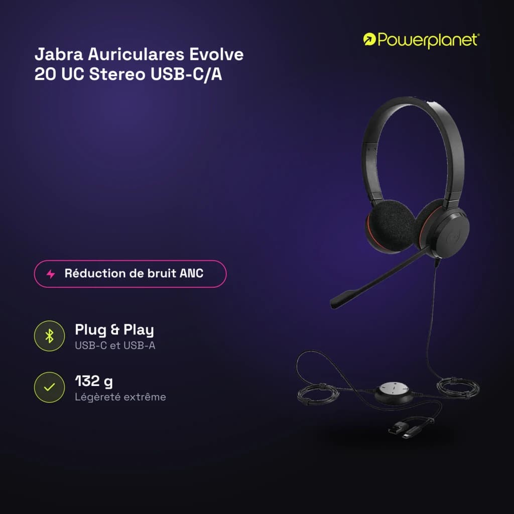 Jabra Auriculares Evolve 20 UC Stereo USB-C/A noir - caractéristiques