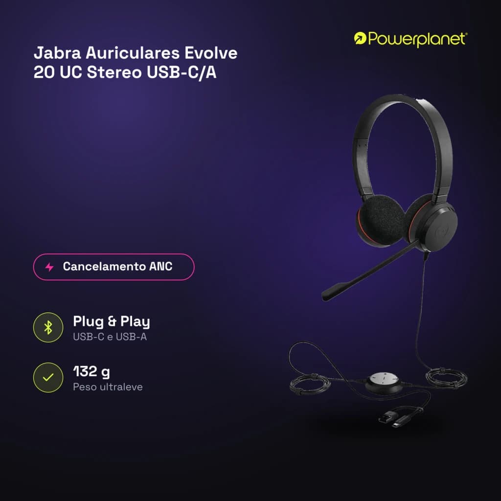 Jabra Auriculares Evolve 20 UC Stereo USB-C/A noir - caractéristiques