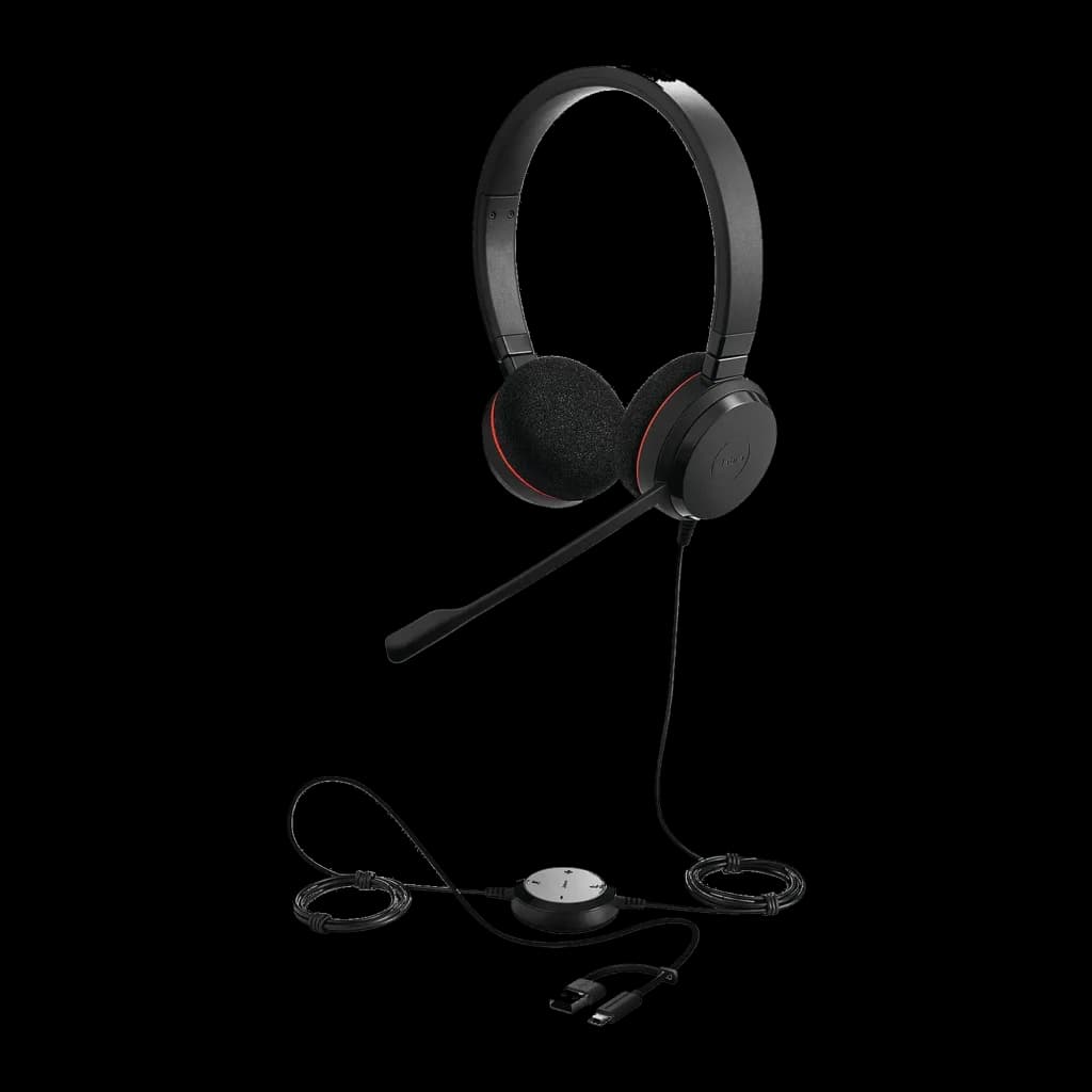 Jabra Evolve 20 UC Stereo noir, vue latérale avec accessoires: casque et connecteurs USB