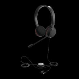 Jabra Evolve 20 UC Stereo noir, vue latérale avec accessoires: casque et connecteurs USB