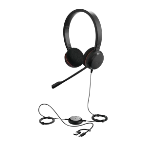 Jabra Evolve 20 UC Stereo negro, vista lateral con accesorios: auriculares y conectores USB