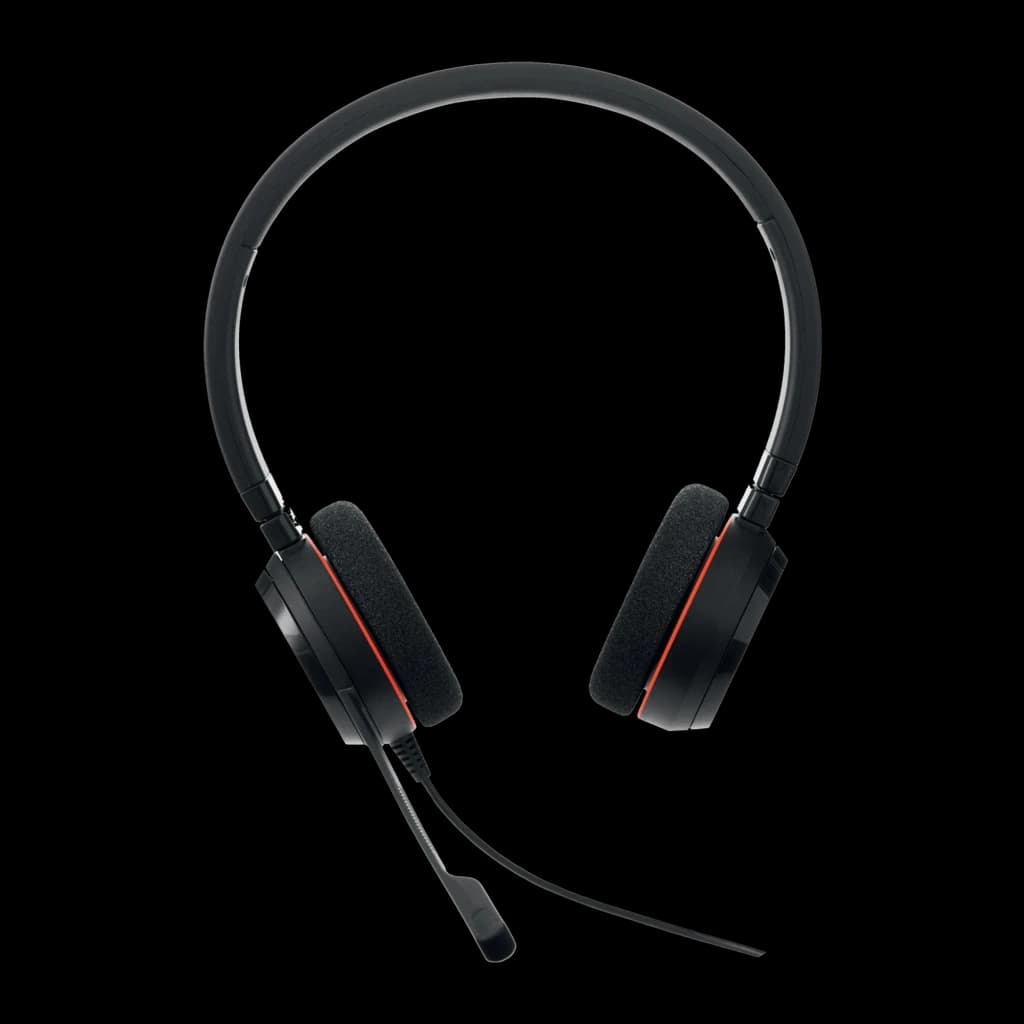 Jabra Evolve 20 UC Stereo noir, vue de face: casque avec serre-tête et micro flexible