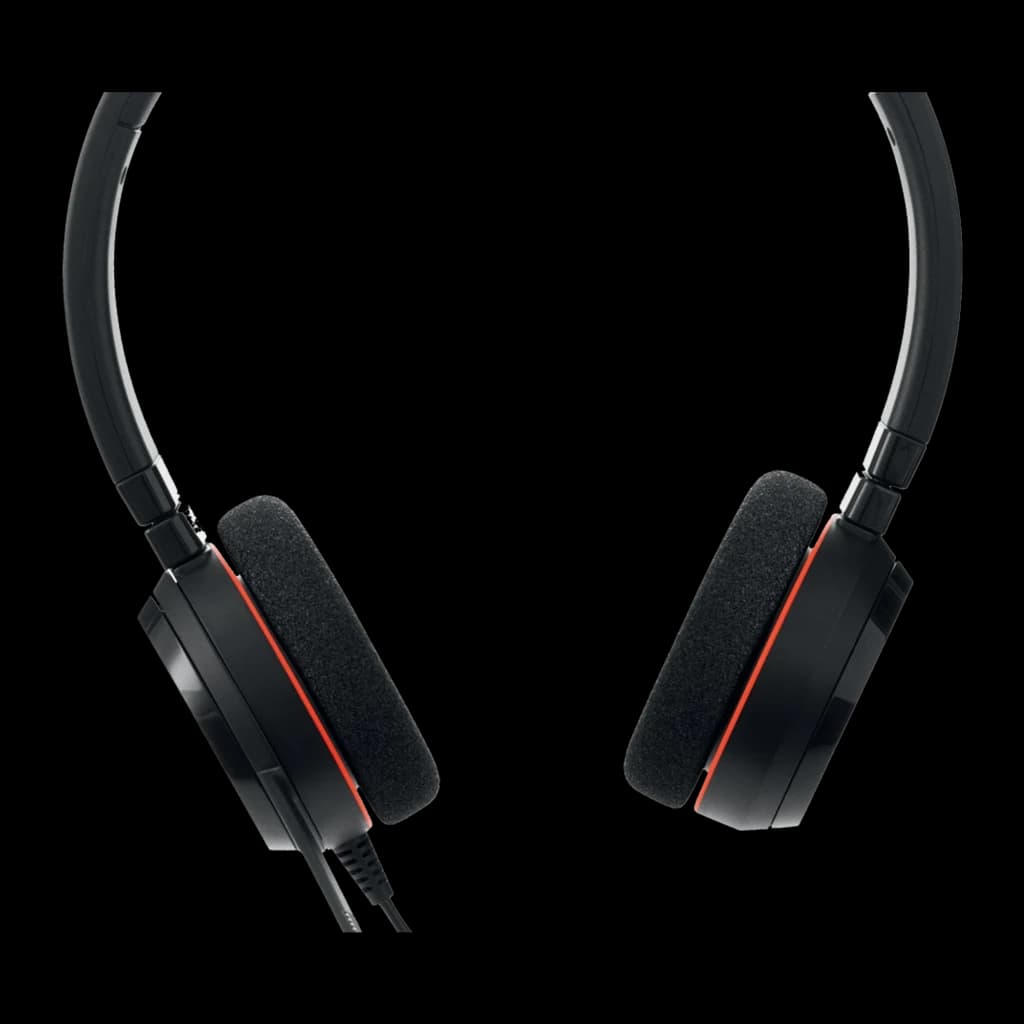 Jabra Evolve 20 UC Stereo noir, vue de dessus: serre-tête et coussinets avec détails rouges