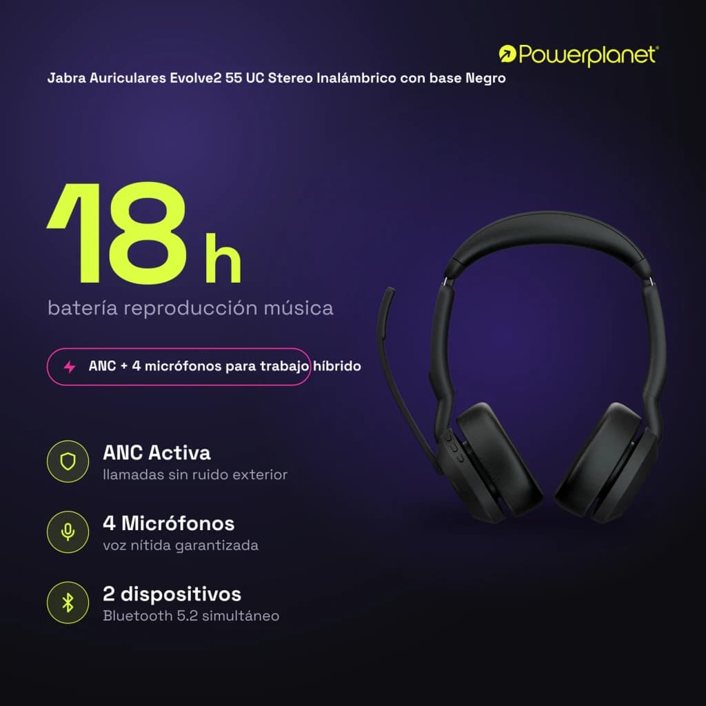 Jabra Auriculares Evolve2 55 UC Stereo Inalámbrico con base noir - caractéristiques