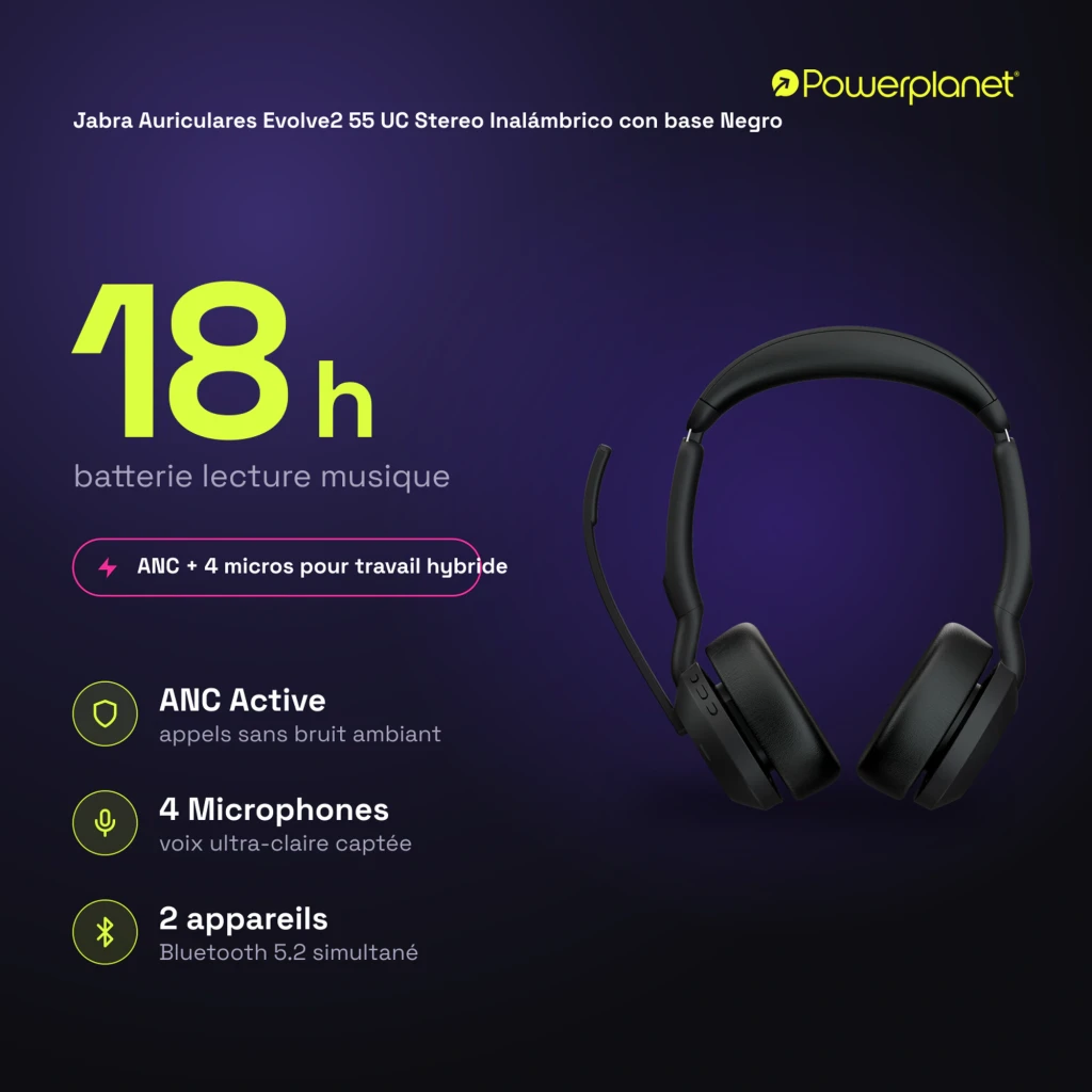 Jabra Evolve2 55 UC Stereo negro con base, kit lateral: auriculares en estación con cable - Ítem7