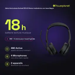 Jabra Auriculares Evolve2 55 UC Stereo Inalámbrico con base noir - caractéristiques