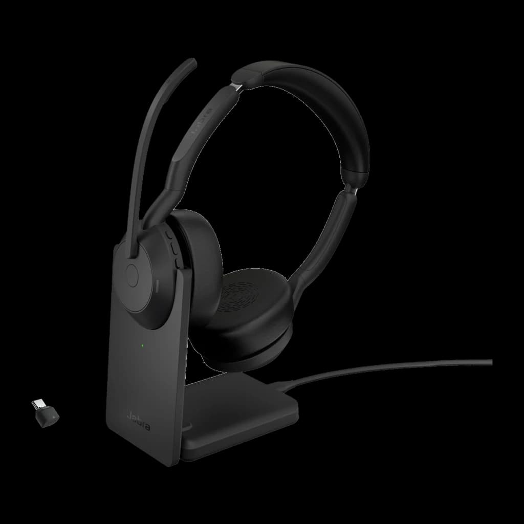 Jabra Evolve2 55 UC Stereo noir avec base, kit latéral: casque sur station avec câble