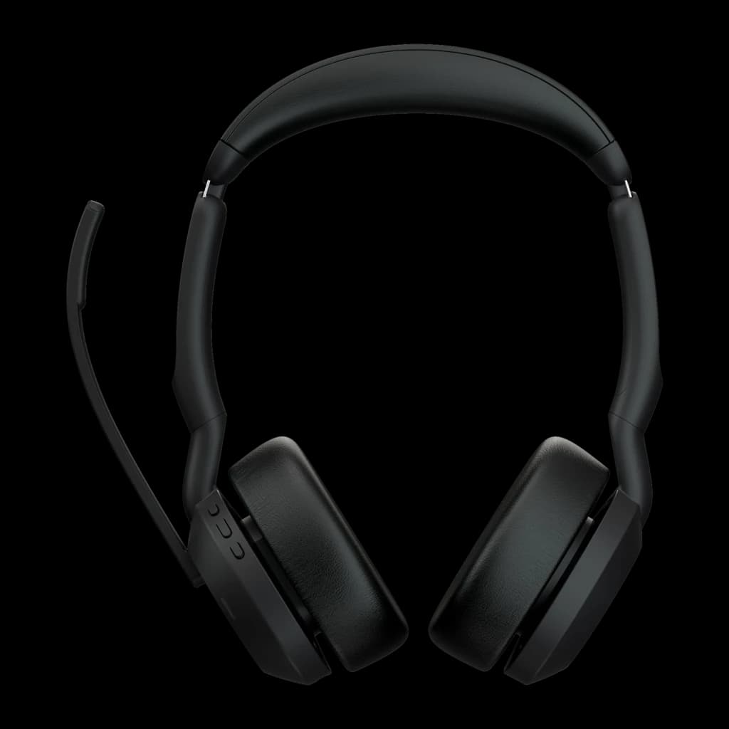 Jabra Evolve2 55 UC Stereo noir, vue de face: casque avec arceau et coussinets