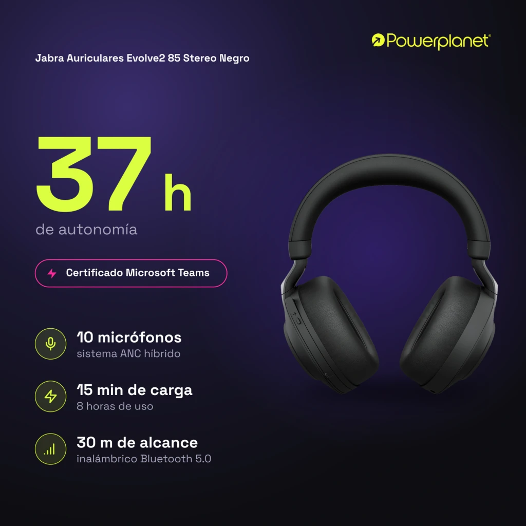 Jabra Evolve2 85 Stereo negro, frontal: auriculares over-ear con diadema y almohadillas - Ítem4