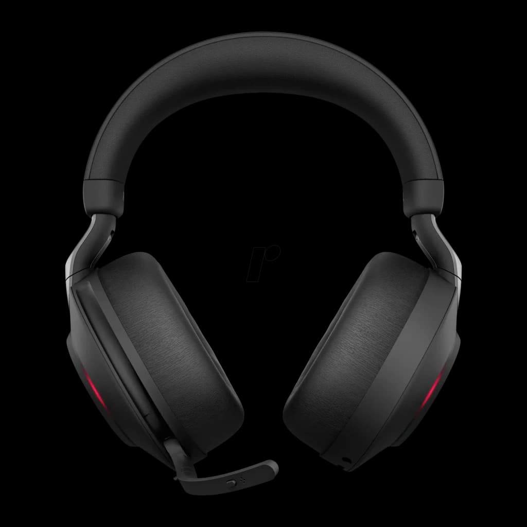 Jabra Evolve2 85 Stereo preto, frontal com microfone: boom vermelho e almofadas