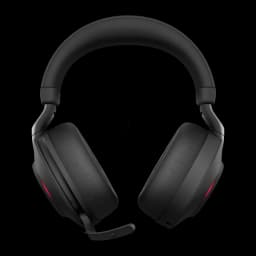 Jabra Evolve2 85 Stereo preto, frontal com microfone: boom vermelho e almofadas