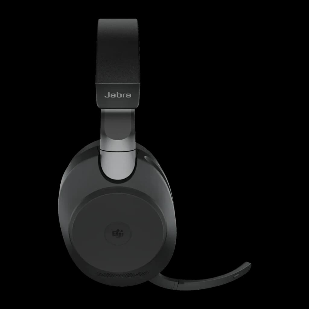 Jabra Evolve2 85 Stereo preto, vista inferior: base com boom e conector