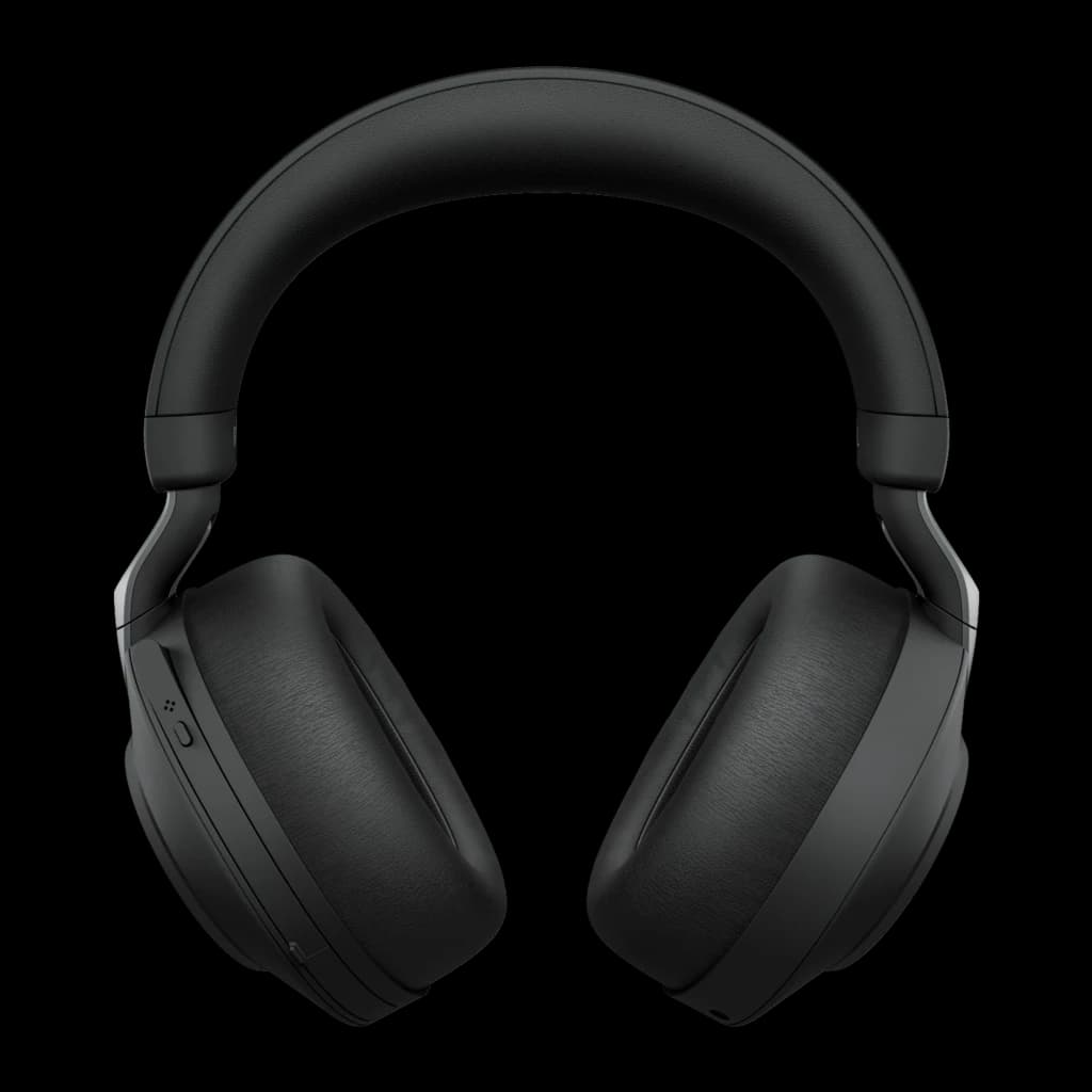 Jabra Evolve2 85 Stereo preto, vista frontal: fones over-ear com fita e almofadas