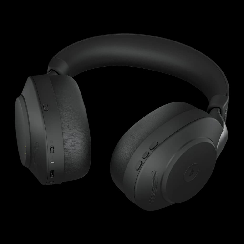 Jabra Evolve2 85 Stereo preto, vista lateral: controles táteis e microfone boom visível