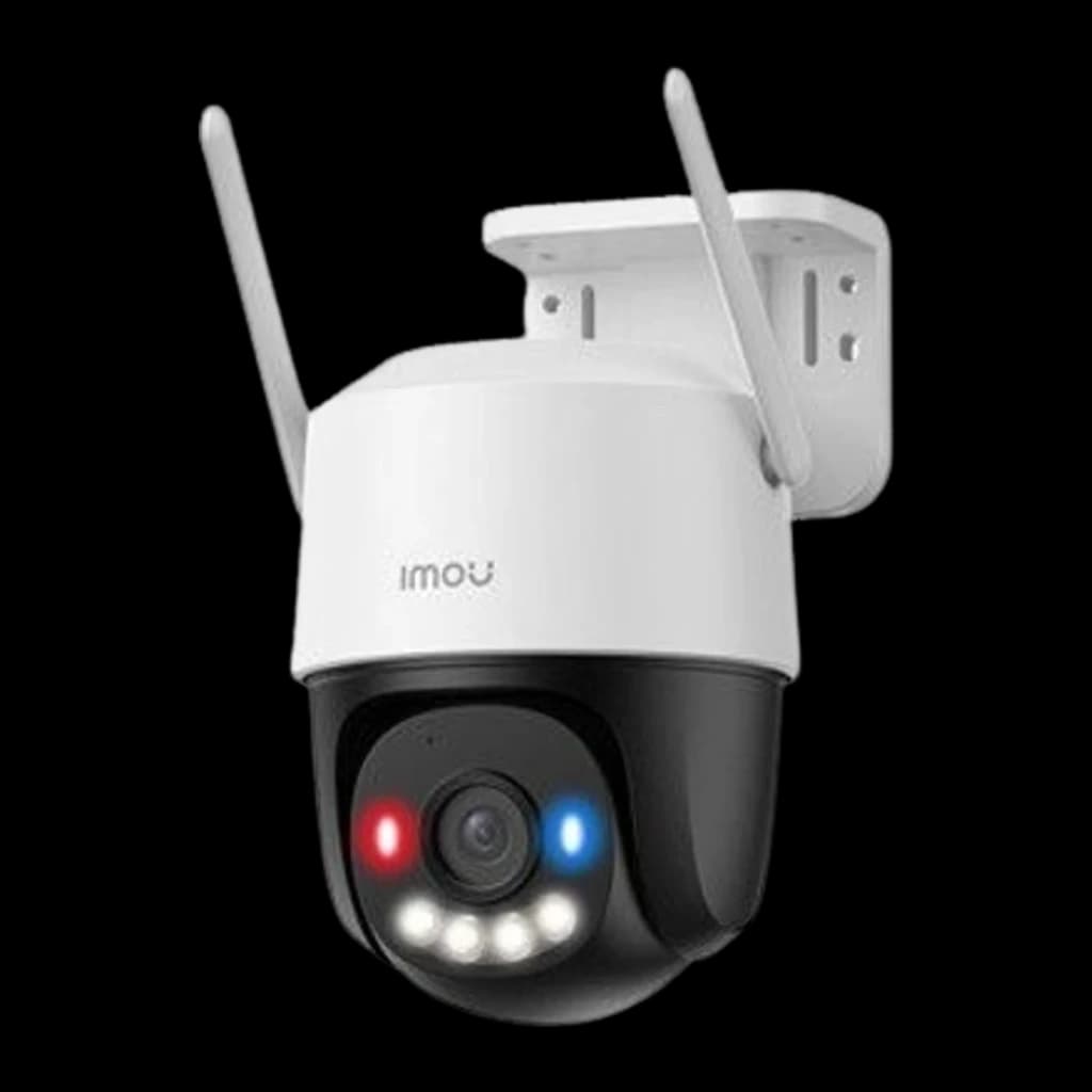 Imou Cruiser SC 4G 3MP 512GB Blanco, vista lateral en ángulo: LEDs blancos encendidos y luces roja y azul activas