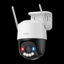 Imou Cruiser SC 4G 3MP 512GB Blanco, vista lateral en ángulo: LEDs blancos encendidos y luces roja y azul activas