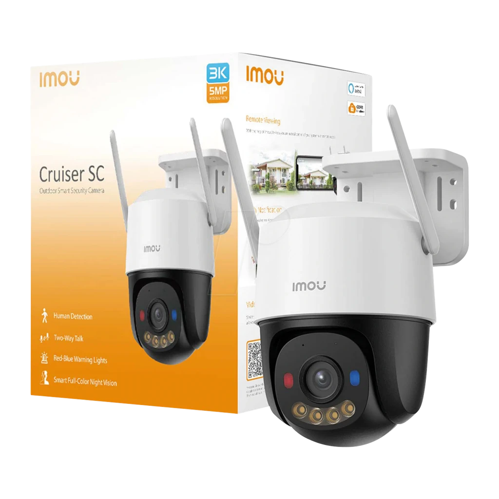 Imou Cruiser SC 4G 3MP 512GB Blanc, vue latérale en angle: LEDs blancs allumés et voyants rouge et bleu actifs - Ítem4