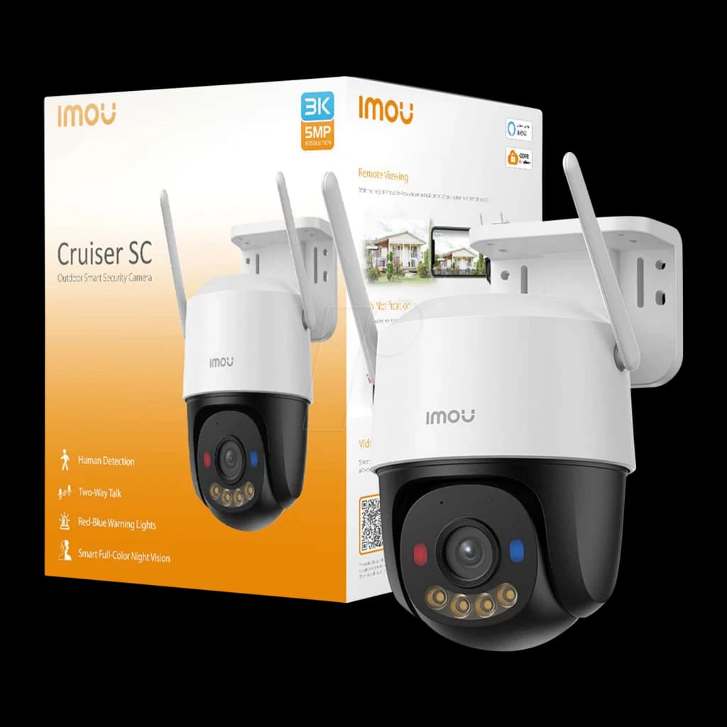 Imou Cruiser SC 4G 3MP 512GB Blanco, vista con caja: cámara PTZ blanca y negra con luces LED junto a su embalaje naranja