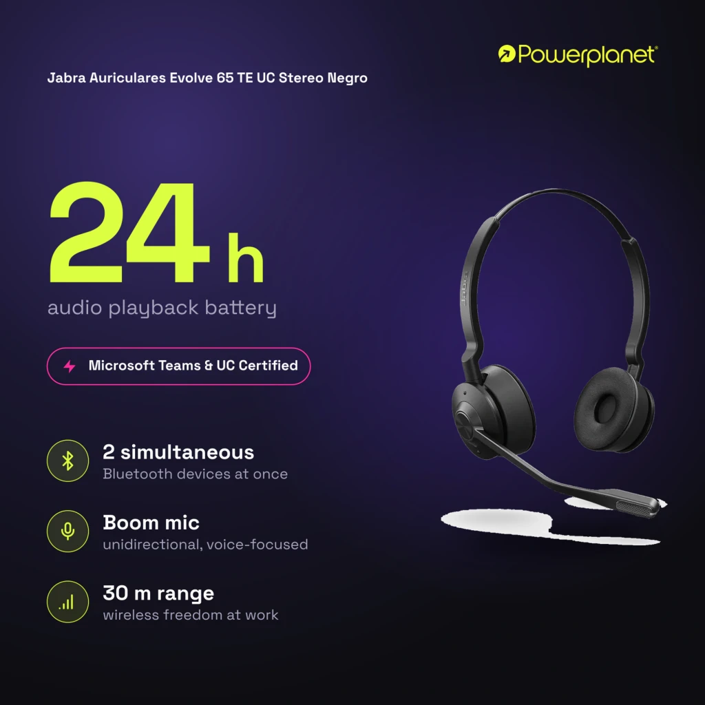 Jabra Evolve 65 TE UC Stereo negro, vista en ángulo: auriculares con micrófono extensible, almohadillas y botón central - Ítem7