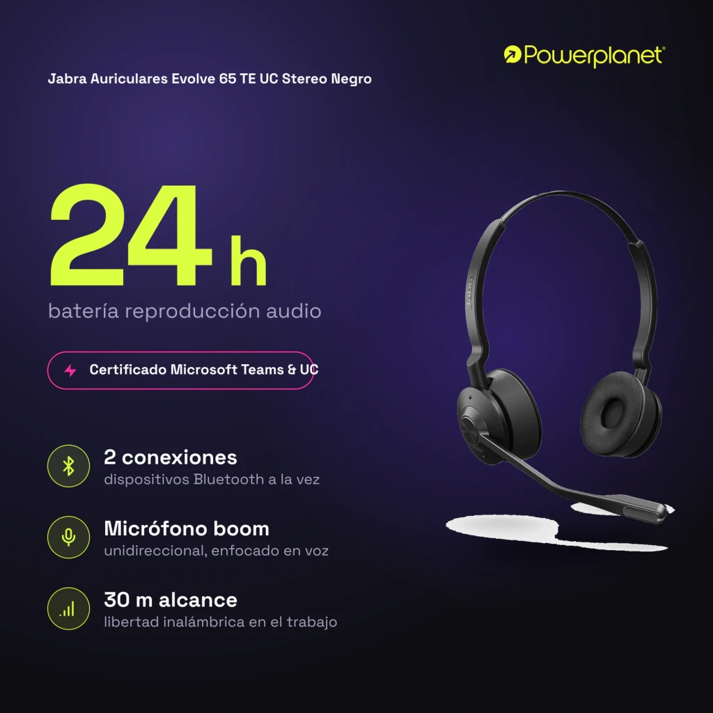 Jabra Evolve 65 TE UC Stereo negro, vista en ángulo: auriculares con micrófono extensible, almohadillas y botón central - Ítem4