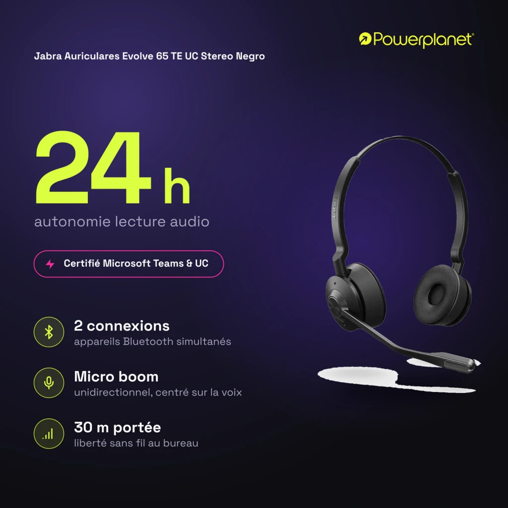 Jabra Evolve 65 TE UC Stereo negro, vista en ángulo: auriculares con micrófono extensible, almohadillas y botón central - Ítem6