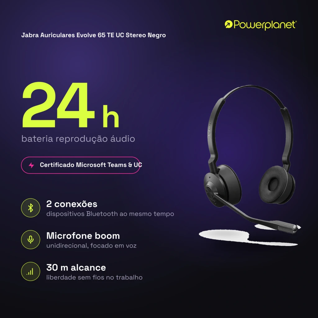 Jabra Evolve 65 TE UC Stereo negro, vista en ángulo: auriculares con micrófono extensible, almohadillas y botón central - Ítem5