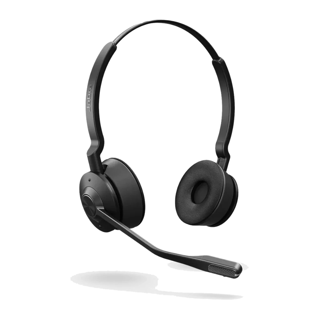 Jabra Evolve 65 TE UC Stereo negro, vista en ángulo: auriculares con micrófono extensible, almohadillas y botón central - Ítem1