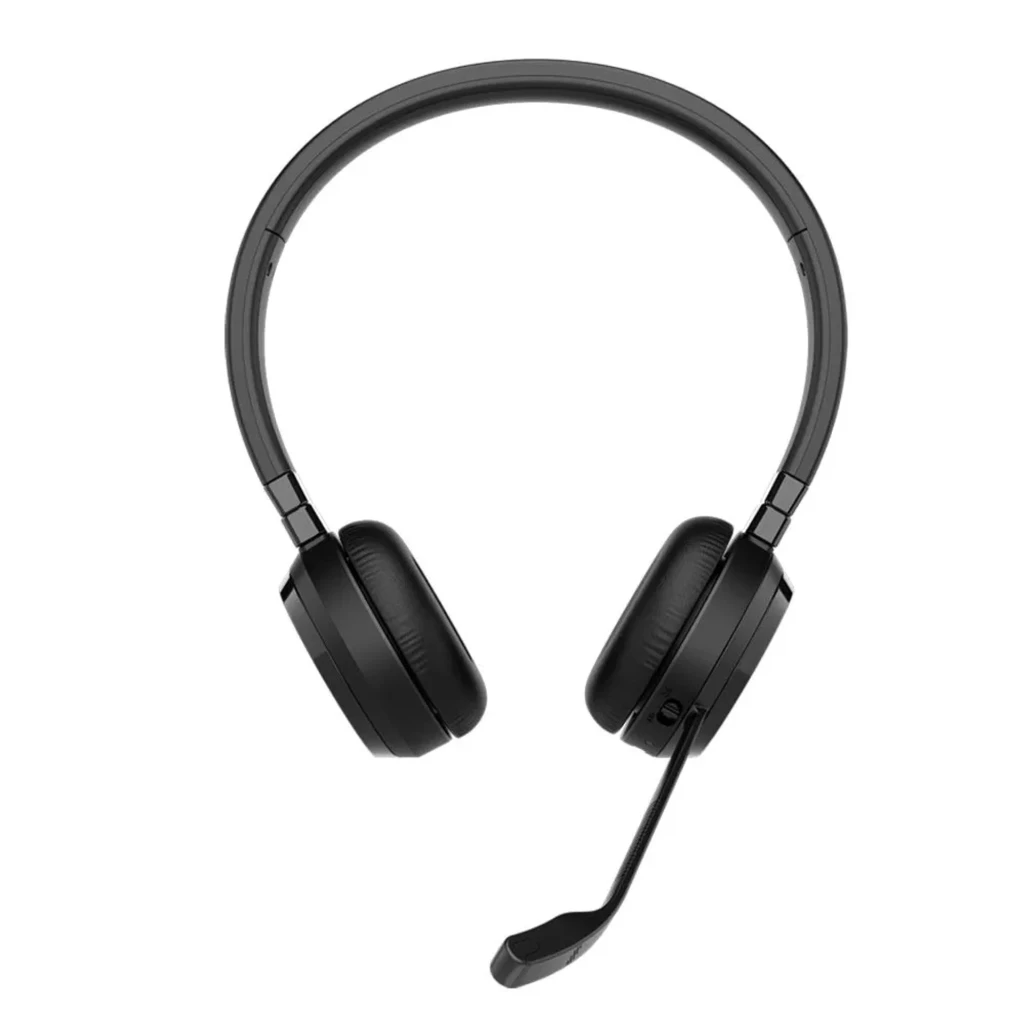 Jabra Evolve 65 TE UC Stereo negro, vista en ángulo: auriculares con micrófono extensible, almohadillas y botón central - Ítem2