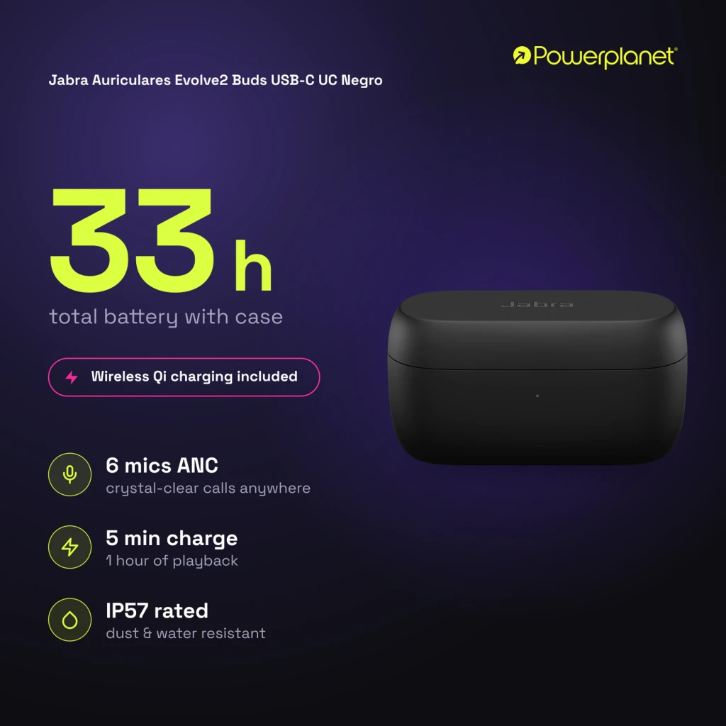 Jabra Evolve2 Buds USB-C UC noir, vue avant: écouteurs true wireless dans étui ouvert avec logo Jabra visible - Ítem9