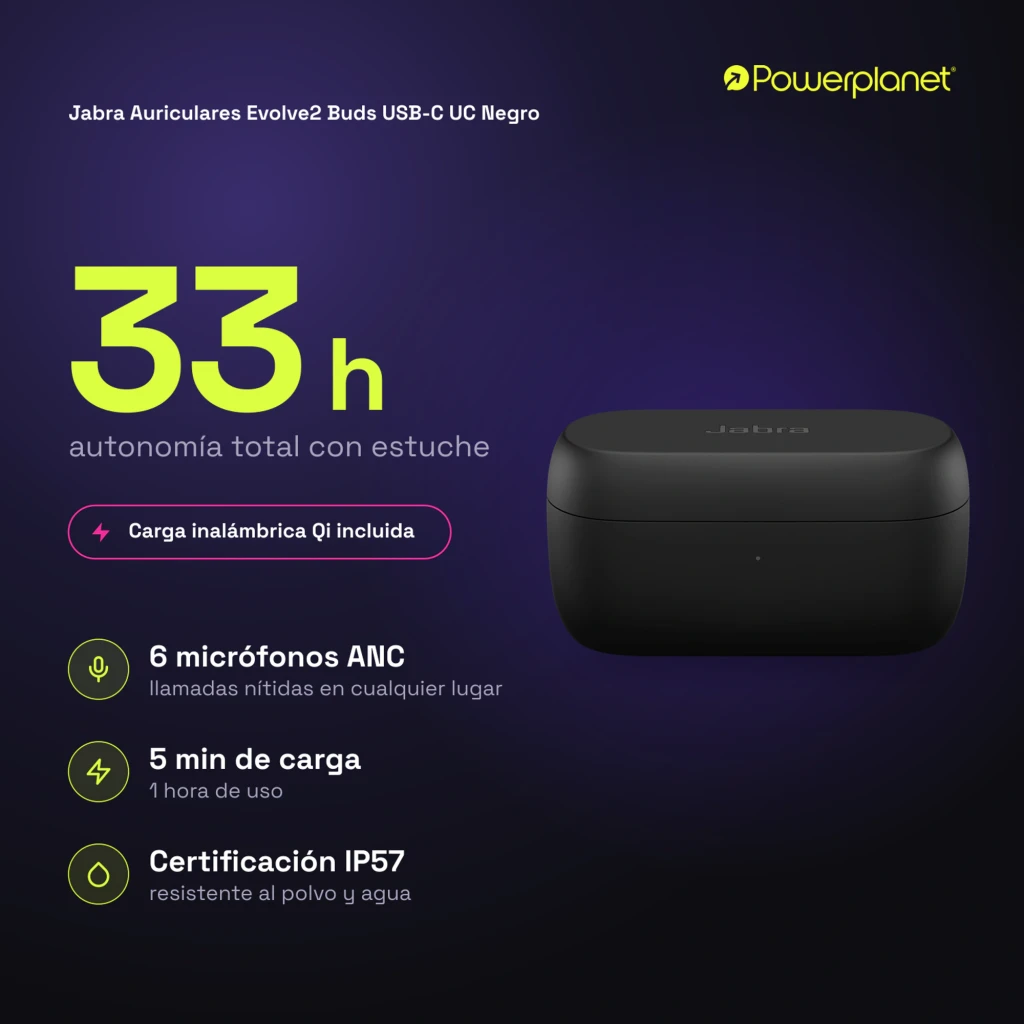 Jabra Evolve2 Buds USB-C UC noir, vue avant: écouteurs true wireless dans étui ouvert avec logo Jabra visible - Ítem7
