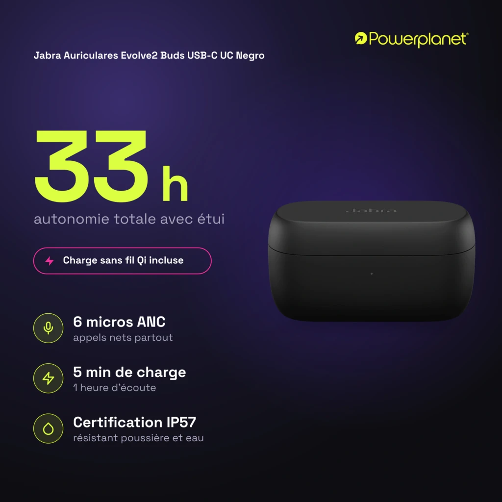 Jabra Evolve2 Buds USB-C UC noir, vue avant: écouteurs true wireless dans étui ouvert avec logo Jabra visible - Ítem6