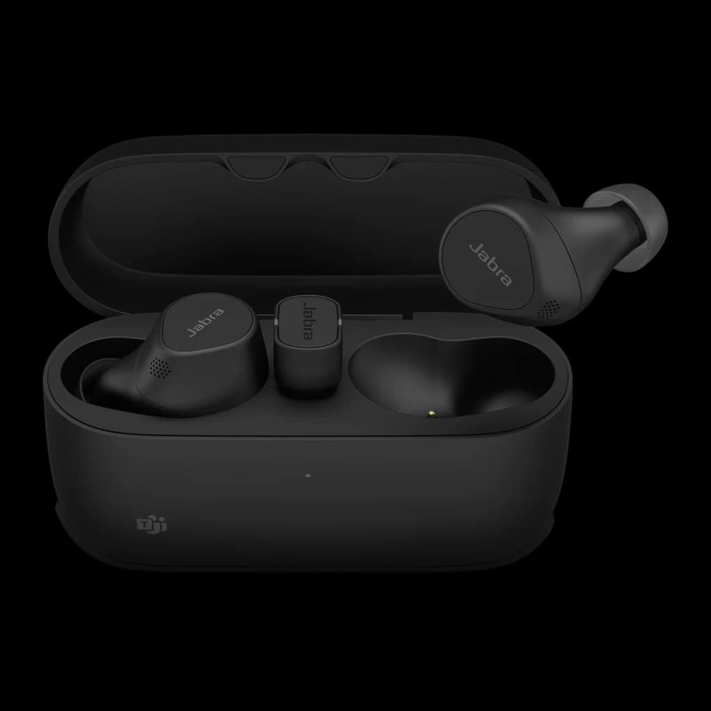 Jabra Evolve2 Buds USB-C UC negro, vista frontal: auriculares true wireless en estuche abierto con logo Jabra visible