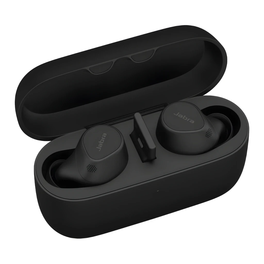 Jabra Evolve2 Buds USB-C UC noir, vue avant: écouteurs true wireless dans étui ouvert avec logo Jabra visible - Ítem1