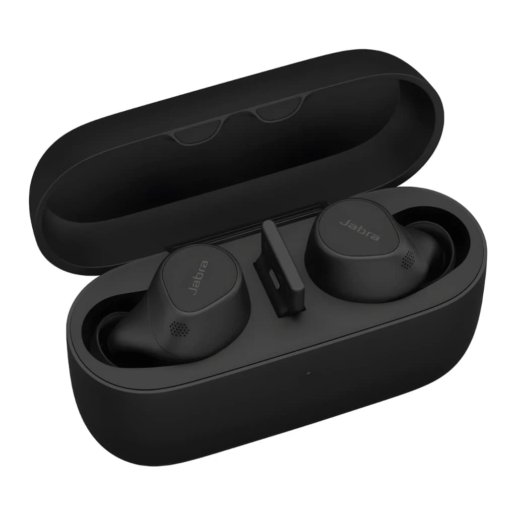Jabra Evolve2 Buds USB-C UC negro, vista en perspectiva: auriculares dentro de estuche de carga abierto, logo Jabra visible